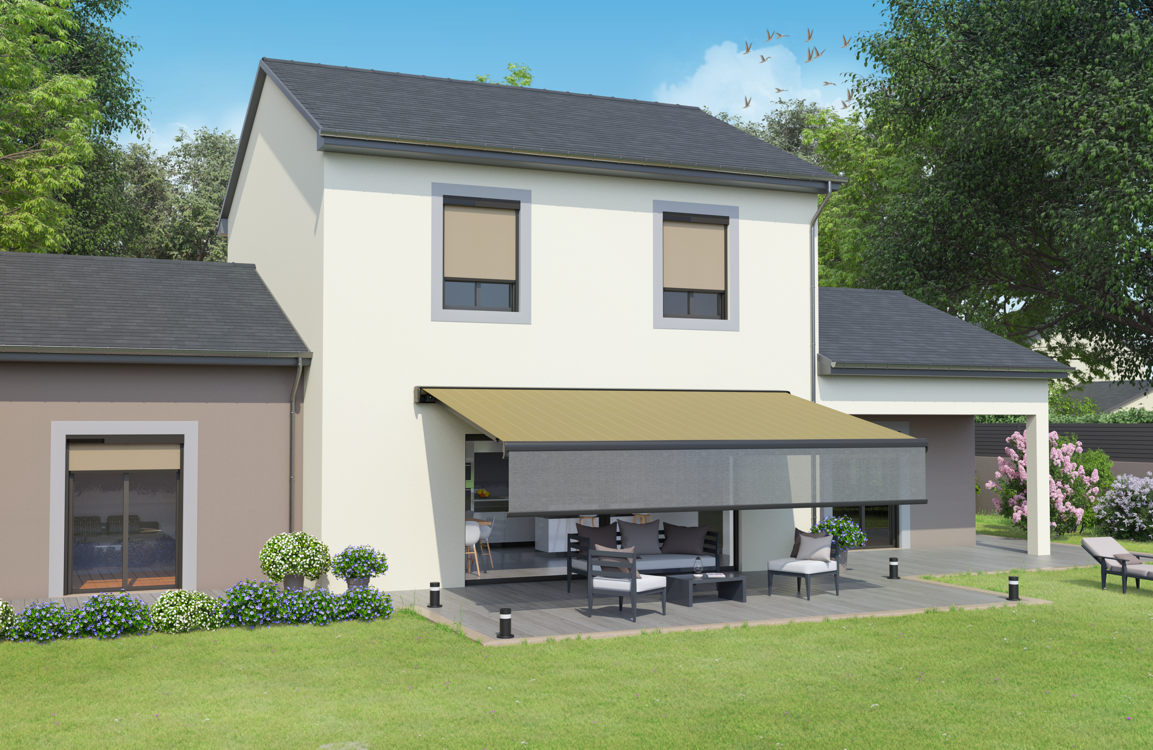 Maison avec store banne et stores enrouleurs