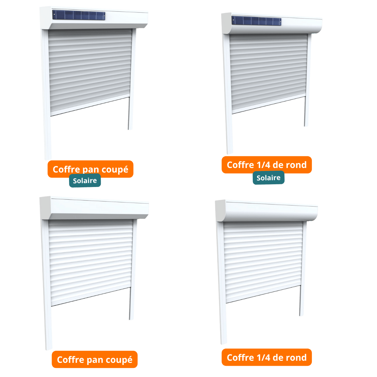 Exemples de coffres de volets roulants : coffre pan coupé et coffre demi-cercle, disponibles en version solaire ou filaire. Ces modèles de volets roulants motorisés s’adaptent aux différentes configurations de pose et apportent une solution esthétique et 